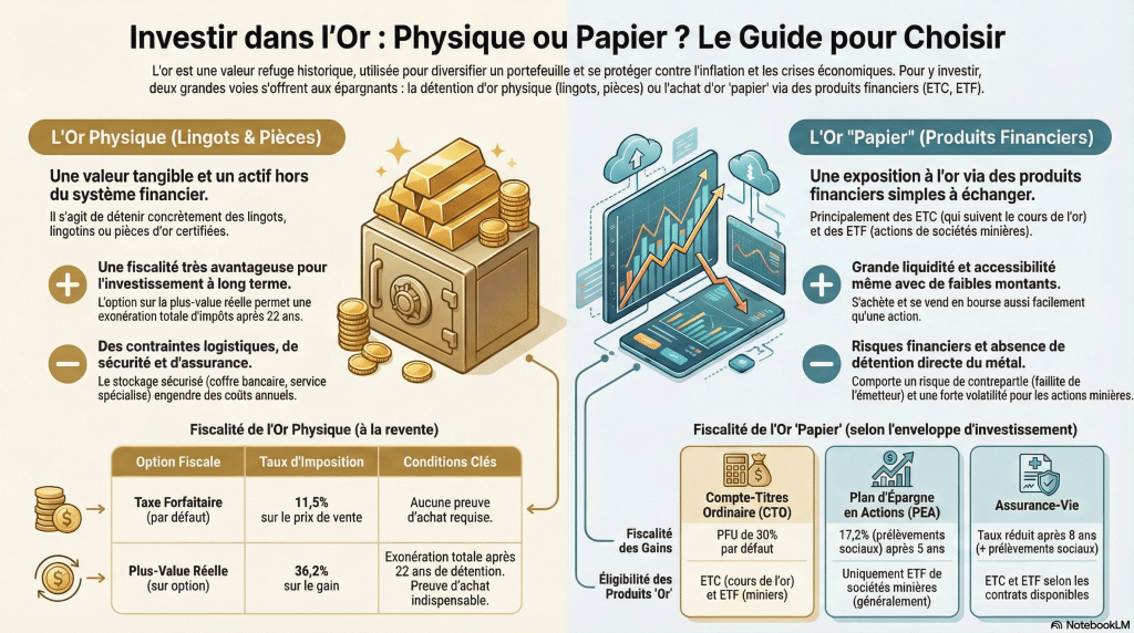 Infographie : comparaison entre or physique et or papier - fiscalité et avantages