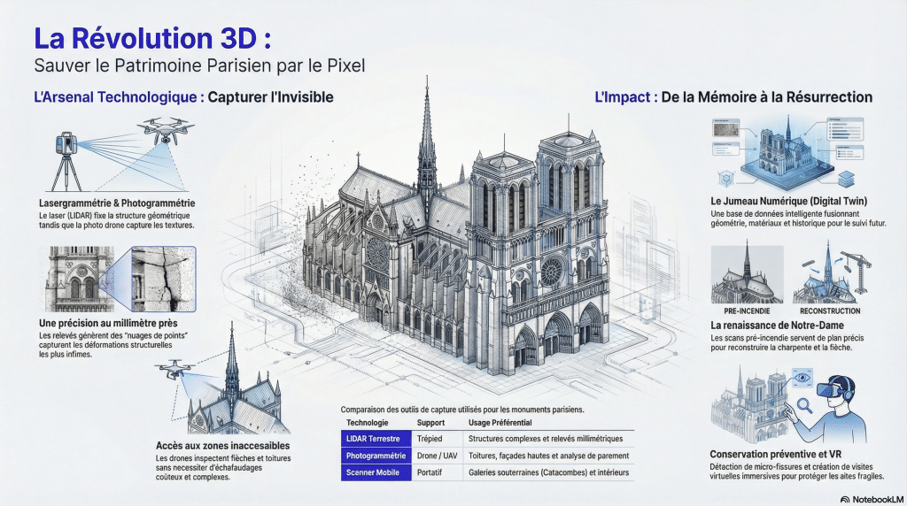 Infographie sur la numérisation 3D de Notre-Dame de Paris : lasergrammétrie, photogrammétrie et création du jumeau numérique pour la reconstruction