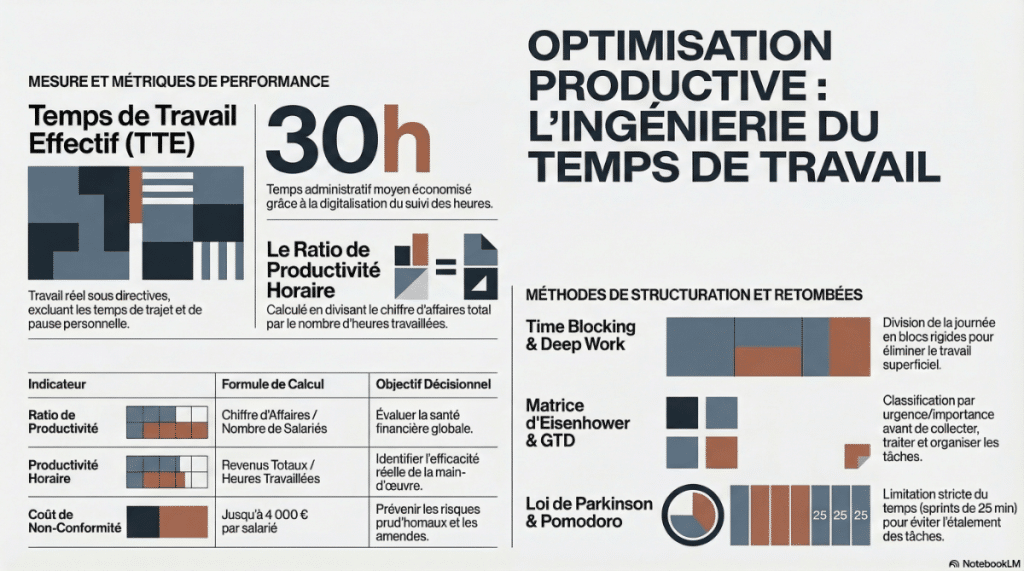 Infographie sur l'optimisation du temps de travail : définition du temps de travail effectif, ratio de productivité horaire, et méthodes de structuration (Time Blocking, Deep Work, Matrice d'Eisenhower, GTD, Pomodoro)