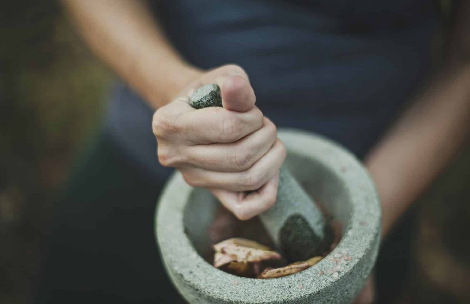 Mains broyant des plantes séchées dans un mortier en pierre
